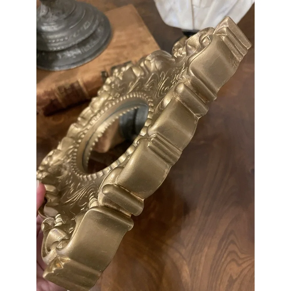 Vtg Ornate Gold Hollywood Regency Scroll Etched Design Resin Wall Mirror 7.5x9